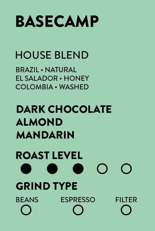 A flat informational graphic on a mint green background with black text reading BASECAMP, HOUSE BLEND, and roast/ground type options. The text lists Brazil, natural; El Salador; honey; Colombia; washed, plus dark chocolate, almond, mandarin, and roasting level indicators.