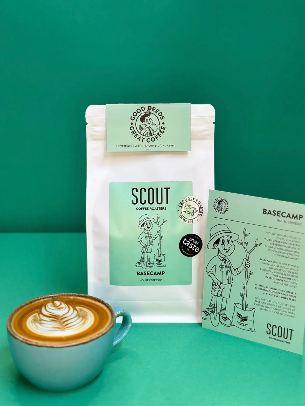 Scout Coffee Basecamp – House Espresso 250g bag with tasting notes of dark chocolate, caramel, and almond