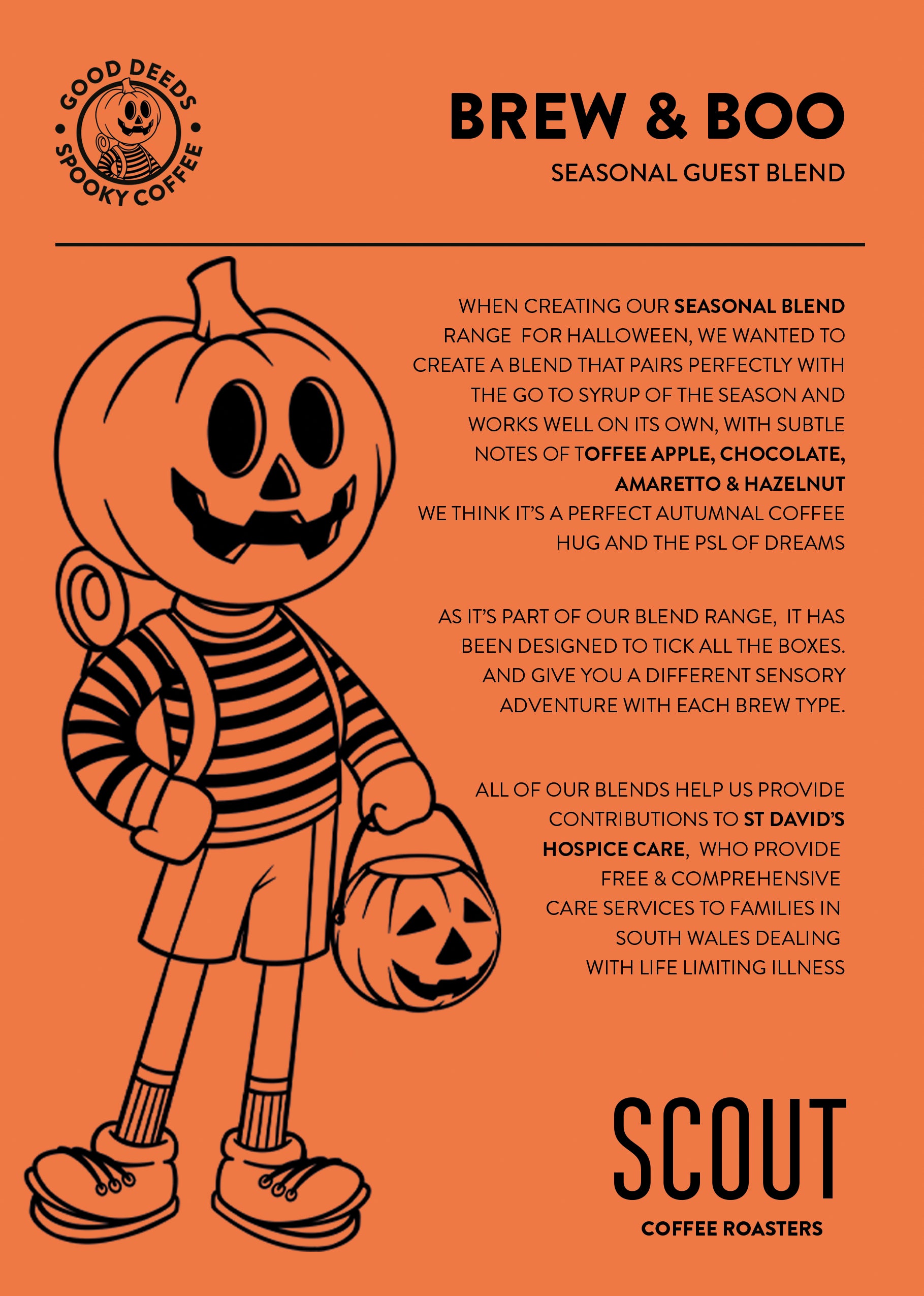 Halloween coffee beans Brew & Boo â Scout Coffee seasonal blend perfect for pumpkin spice lattes and autumn brewing.