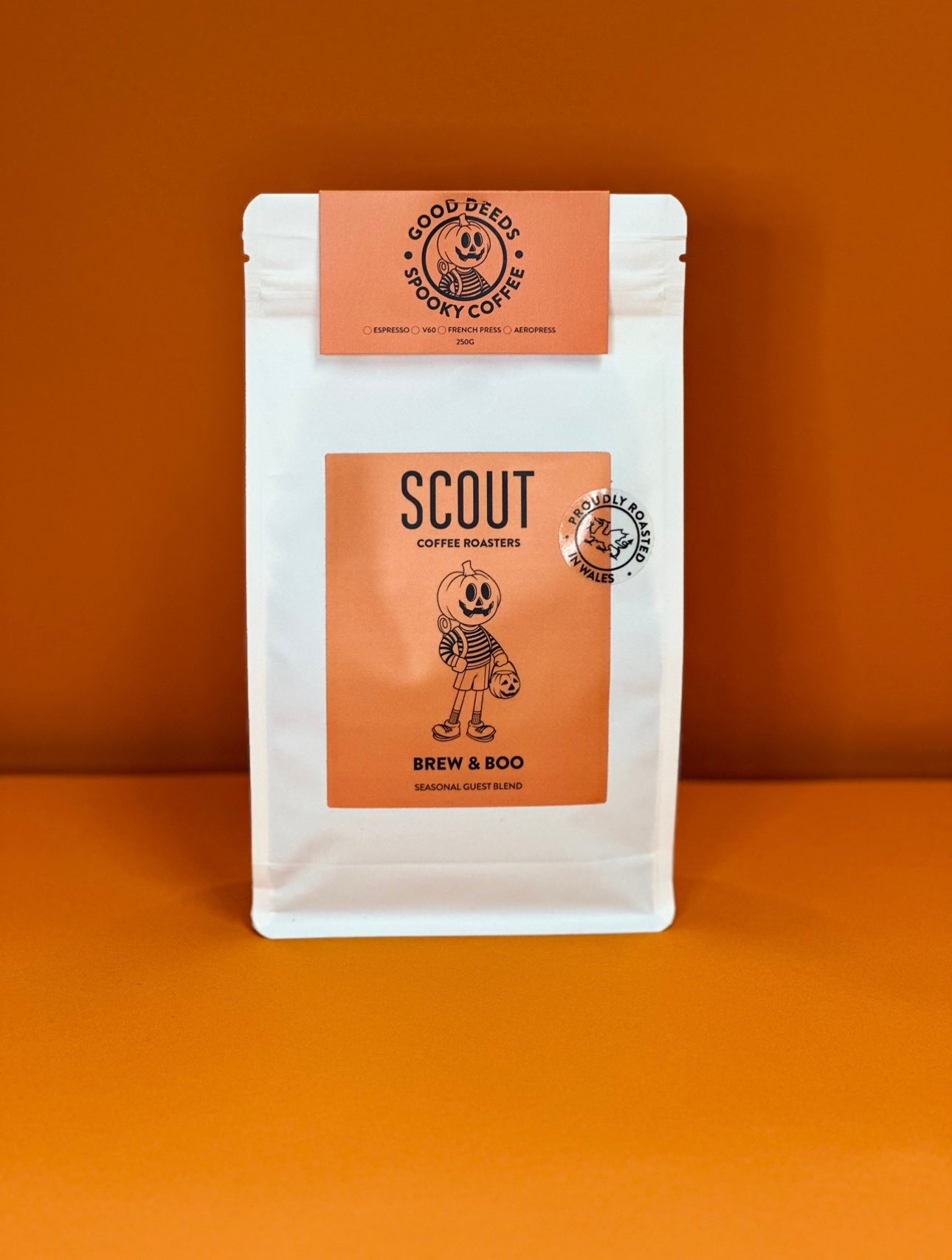 Scout Coffee Brew & Boo packaging with Halloween design â seasonal autumn coffee for UK coffee lovers.