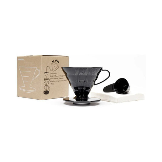 HARIO COFFEE DRIPPER V60 02 WITH FILTERS & SCOOP - BLACK PLASTIC