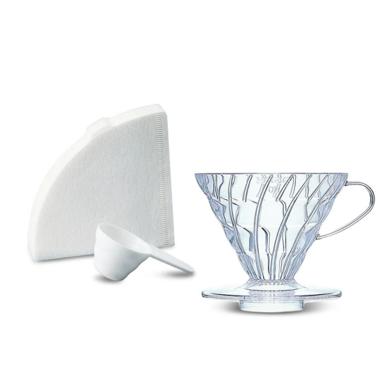 HARIO COFFEE DRIPPER V60 02 WITH FILTERS & SCOOP - CLEAR PLASTIC