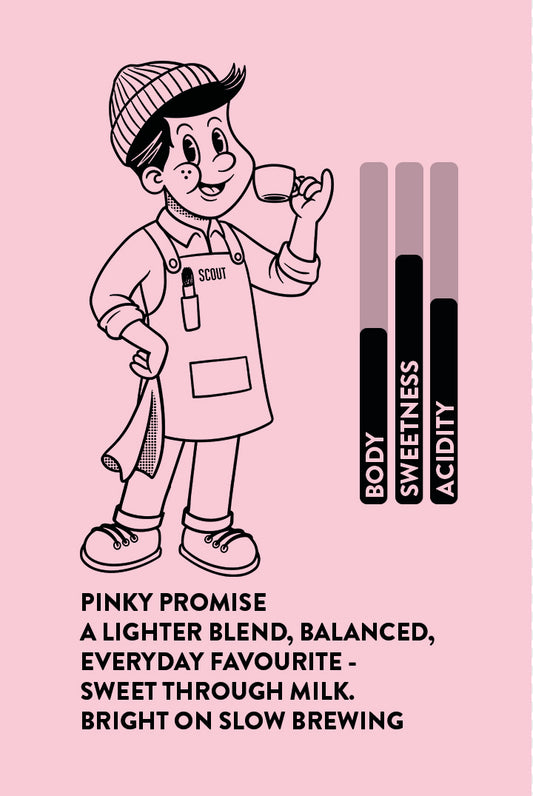 Cartoon character holding a cup with text on a pink background