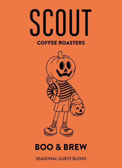 Scout Coffee Brew & Boo guest blend bag – Halloween seasonal coffee with toffee apple, chocolate hazelnut, glacé cherry, and amaretto notes.