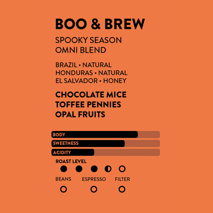 Brew and Boo Halloween coffee with Chocolate Mice, Toffee Pennies and Opal Fruits tasting notes