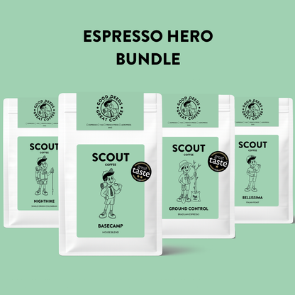The Espresso Heroes coffee bundle containing Basecamp, Ground Control, Night Hike and Bellissima from Scout Coffee UK