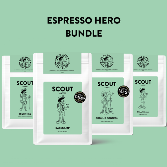 The Espresso Heroes coffee bundle containing Basecamp, Ground Control, Night Hike and Bellissima from Scout Coffee UK
