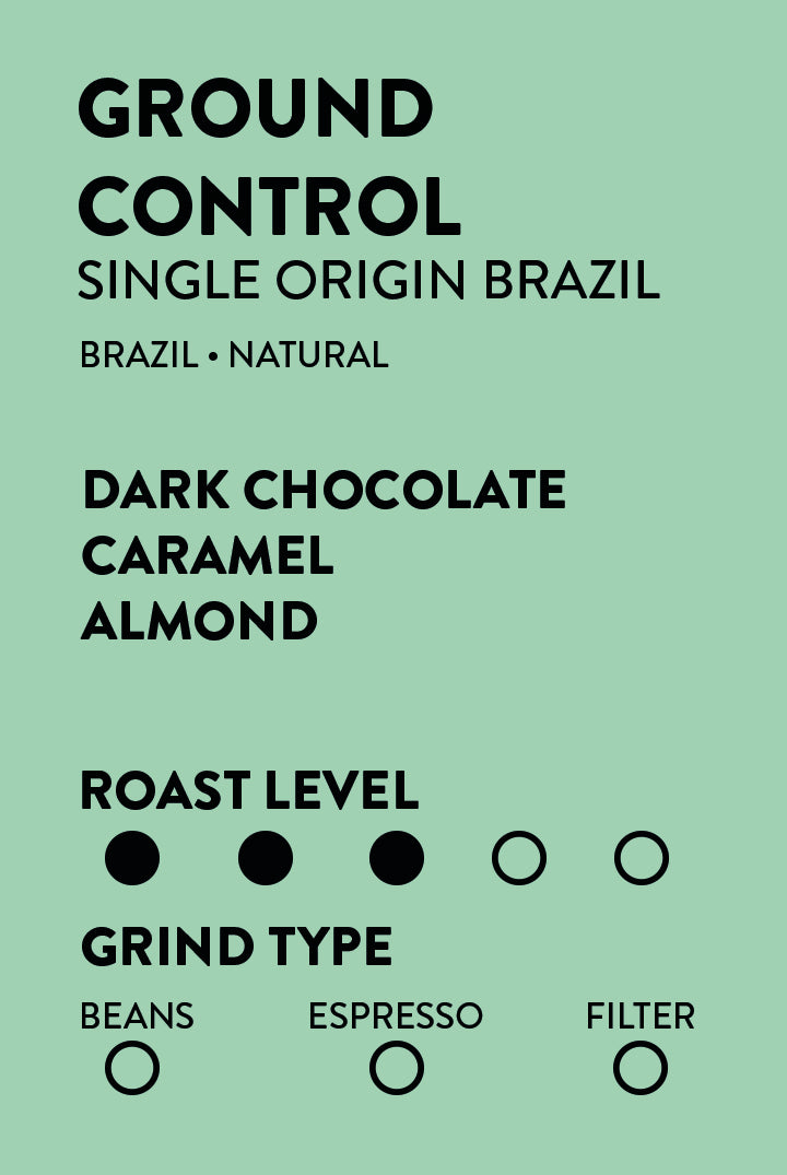 A flat informational graphic on a mint green background with black text reading 'GROUND CONTROL SINGLE ORIGIN BRAZIL', 'BRAZIL • NATURAL', 'DARK CHOCOLATE CARAMEL ALMOND', 'ROAST LEVEL', and 'GRIND TYPE' with bean, espresso, and filter options.