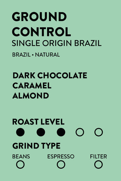 A flat informational graphic on a mint green background with black text reading 'GROUND CONTROL SINGLE ORIGIN BRAZIL', 'BRAZIL • NATURAL', 'DARK CHOCOLATE CARAMEL ALMOND', 'ROAST LEVEL', and 'GRIND TYPE' with bean, espresso, and filter options.