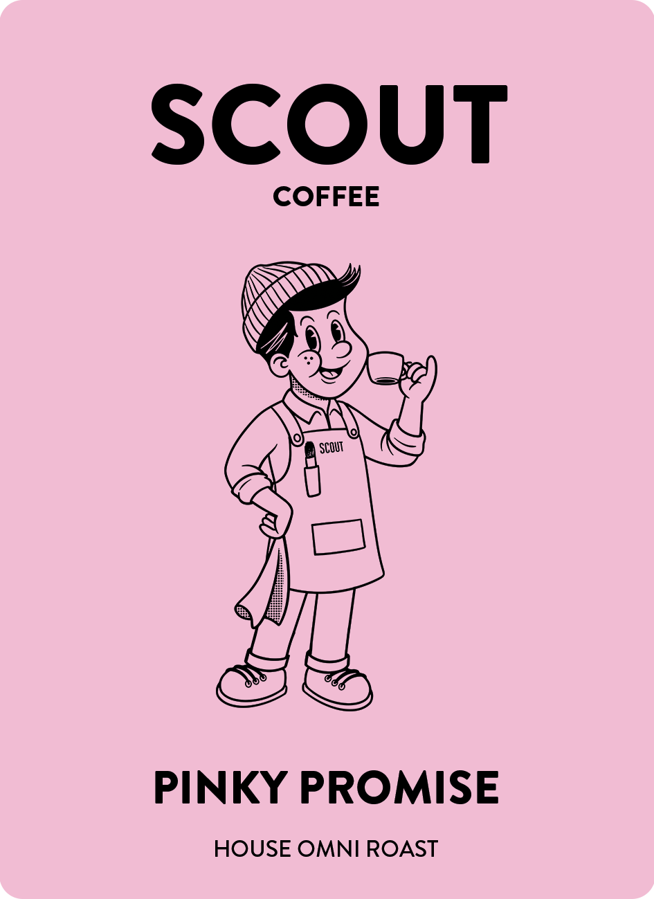 Scout Coffee Pinky Promise packaging with a cartoon character on a pink background
