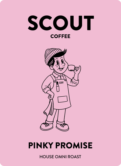 Scout Coffee Pinky Promise packaging with a cartoon character on a pink background