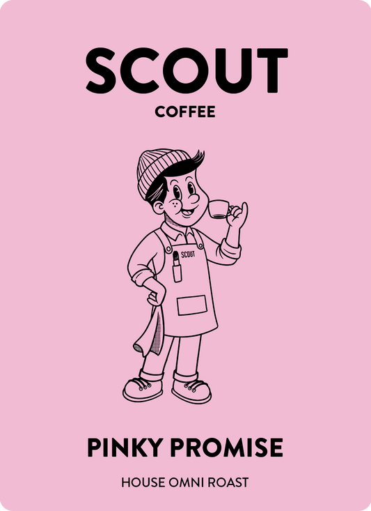 Scout Coffee Pinky Promise packaging with a cartoon character on a pink background
