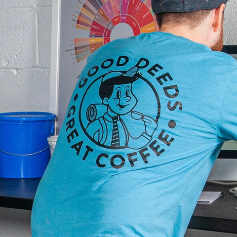 Good Deeds - Great Coffee T-shirt - Spring Seeker Blue